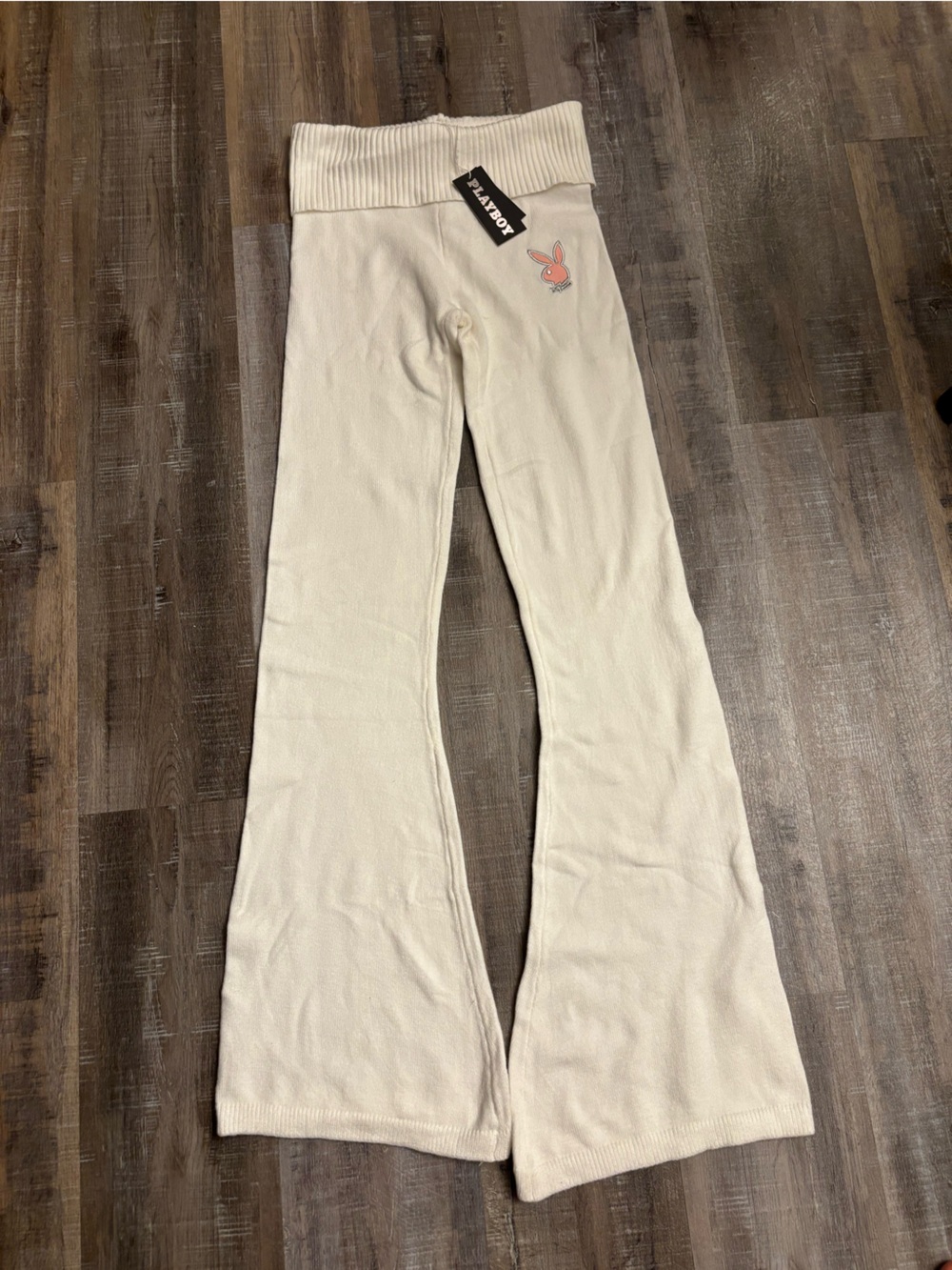 Playboy Cream Flared Lounge Pants Ribbed Pink Bunny Logo Y2K Aesthetic Size S